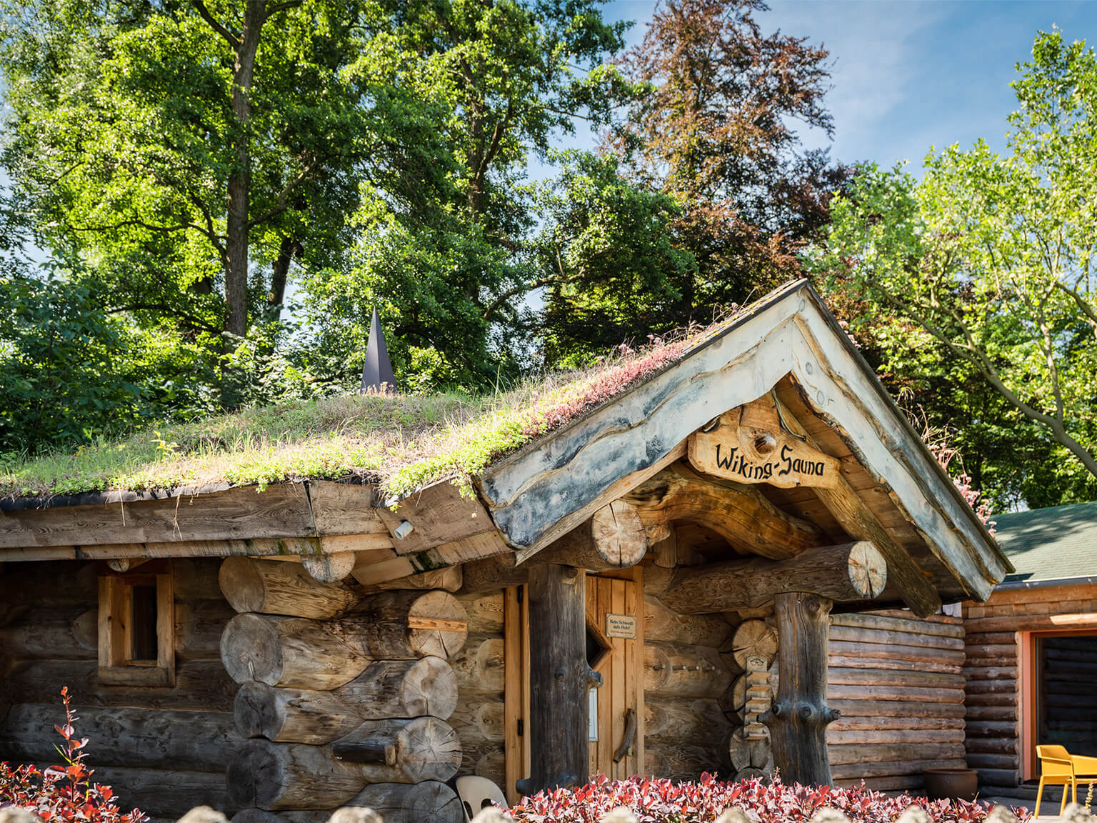 Die Wiking-Sauna, ein Haus aus dicken Holzstämmen mit Grasdach, im Hintergrund großer Baumbewuchs.